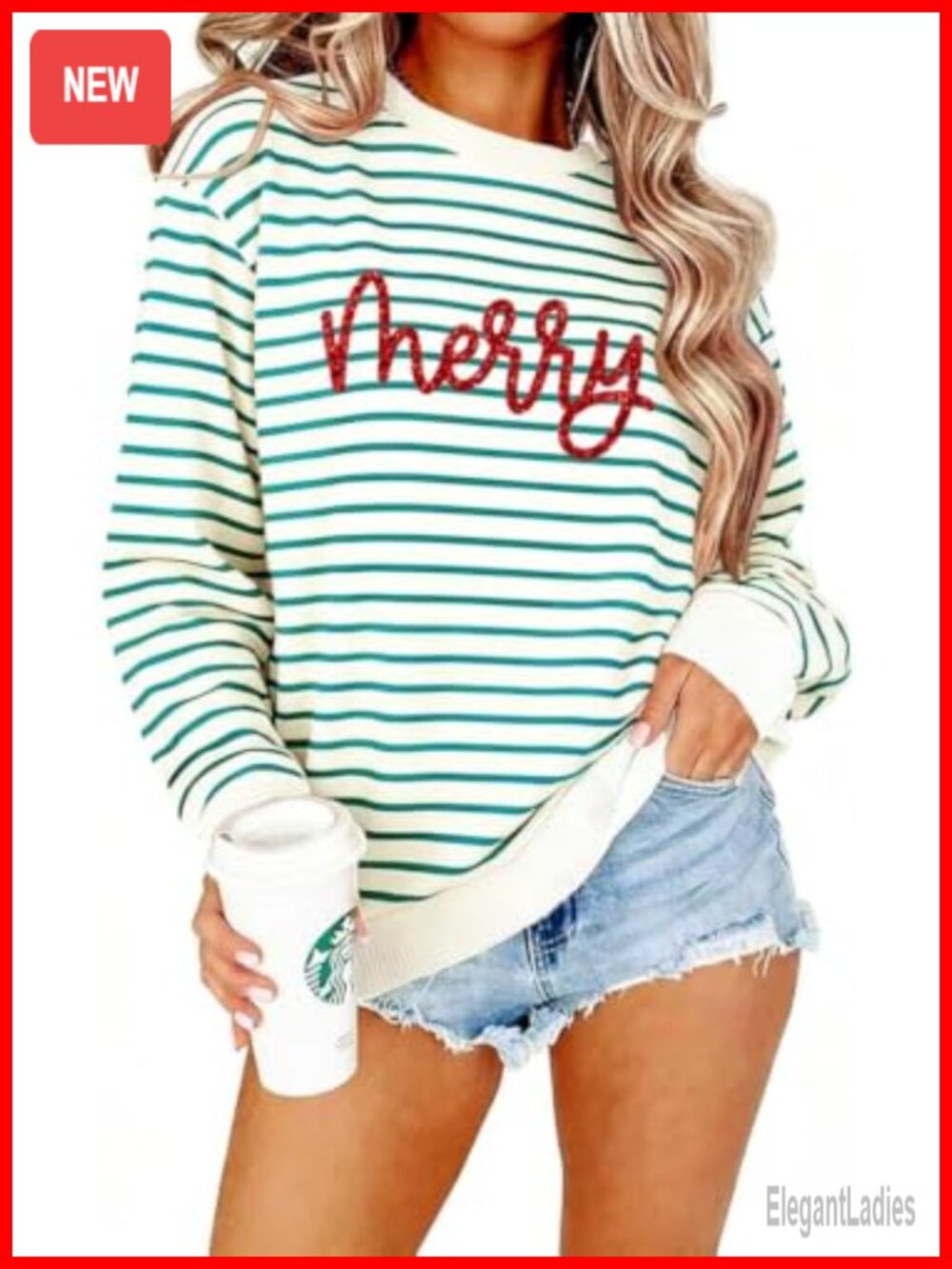 Women's Merry Sequin Glitter Patch Striped Pullover Christmas Sweatshirt